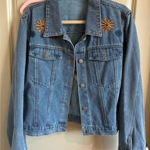 Embroidered Blue Denim Jacket - Floral Accent